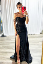Mermaid Off the Shoulder Corset Sequin Beaded Black Long Prom Dresses with Side Slit