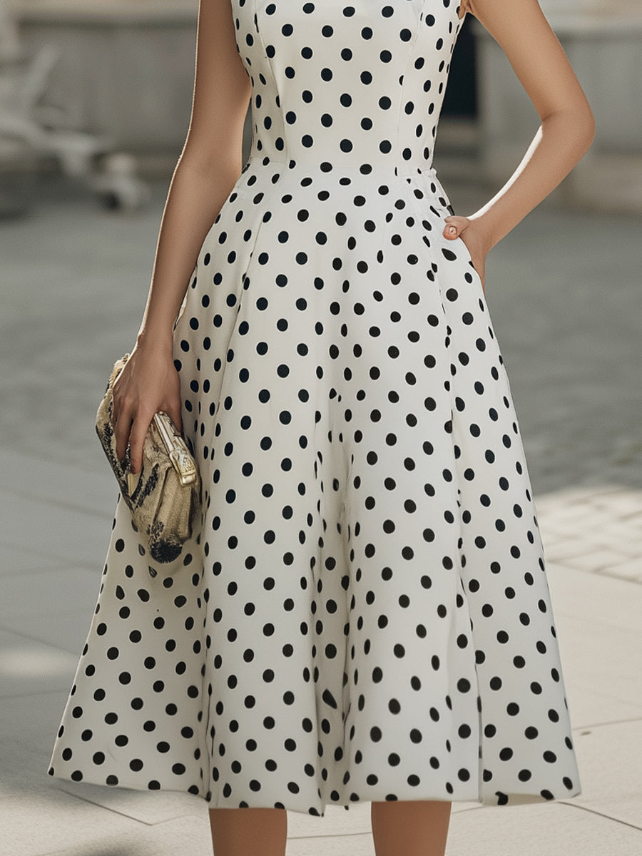 Polka Dot Square Neck Fit And Flare Midi Dress