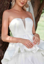Ruffle Trim Strapless A-Line Tulle Mesh Overlay Satin Tube Wedding Dress