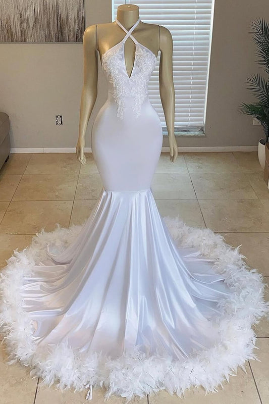 White Halter Sleeveless Mermaid Prom Dress With Appliques Feathers