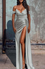 Mermaid Dusty Blue Off the Shoulder Sleeveless Prom Dress With High Split