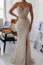 Sweetheart Sleeveless Mermaid Prom Dress Sequins With Split Beadings Crystals