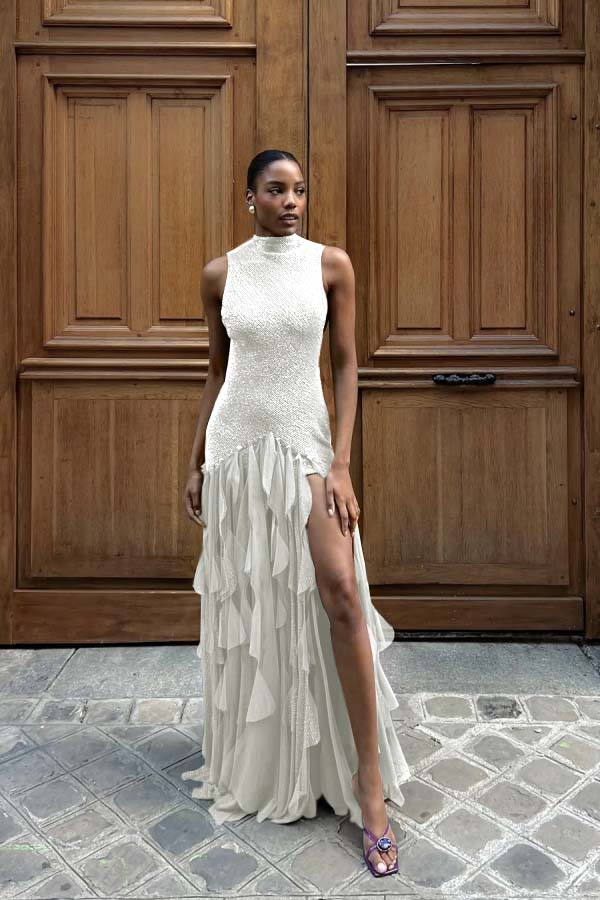 High Neck Sleeveless Long Mermaid Prom Dress With Split Ruffles