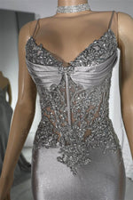 Spaghetti-Straps Silver Sleeveless Mermaid Prom Dresses Sweetheart With Sequins Zipper Back