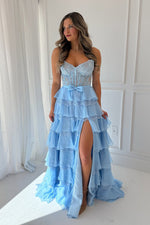 Fashion A Line Sweetheart Light Blue Chiffon Tiered Prom Dress with Lace
