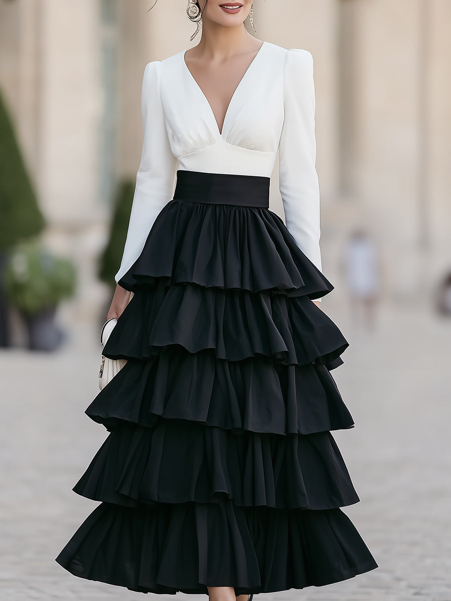 Black White V-Neck Tiered Ruffle Maxi Dress