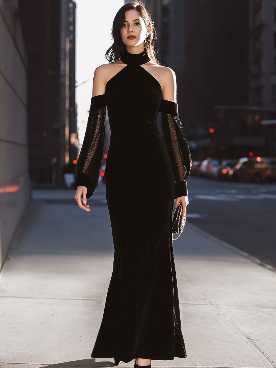 Black Velvet Halter Neck Off-Shoulder Mesh-Sleeve Mermaid Evening Gowns