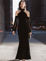 Black Velvet Halter Neck Off-Shoulder Mesh-Sleeve Mermaid Evening Gowns