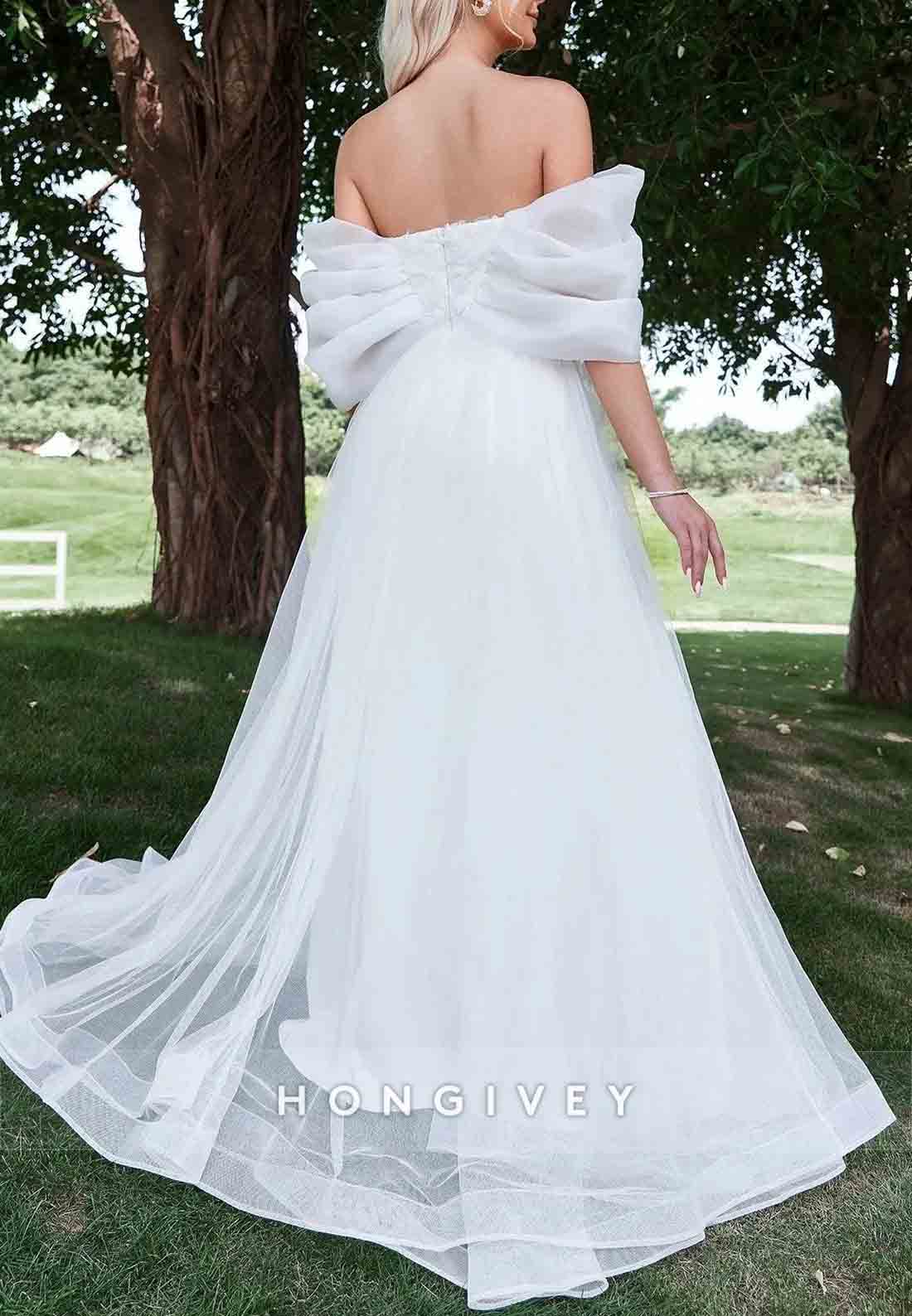 Floor-Length Off the Shoulder A-Line Tulle Shawl Wedding Dress