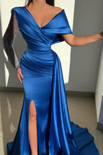 Royal Blue Satin V-Neck Asymmetrical Single Sleeve Long Mermaid Pleated Prom Dress With Slit And Beadings