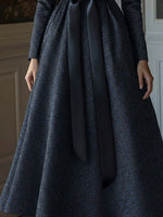 Navy Jacquard Long Sleeves A-Line Evening Gown With Satin Bow