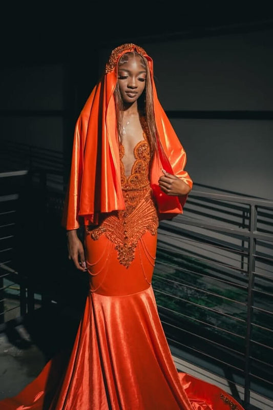 Modern Orange Sleeveless Mermaid Prom Dress With Beadings On Sale