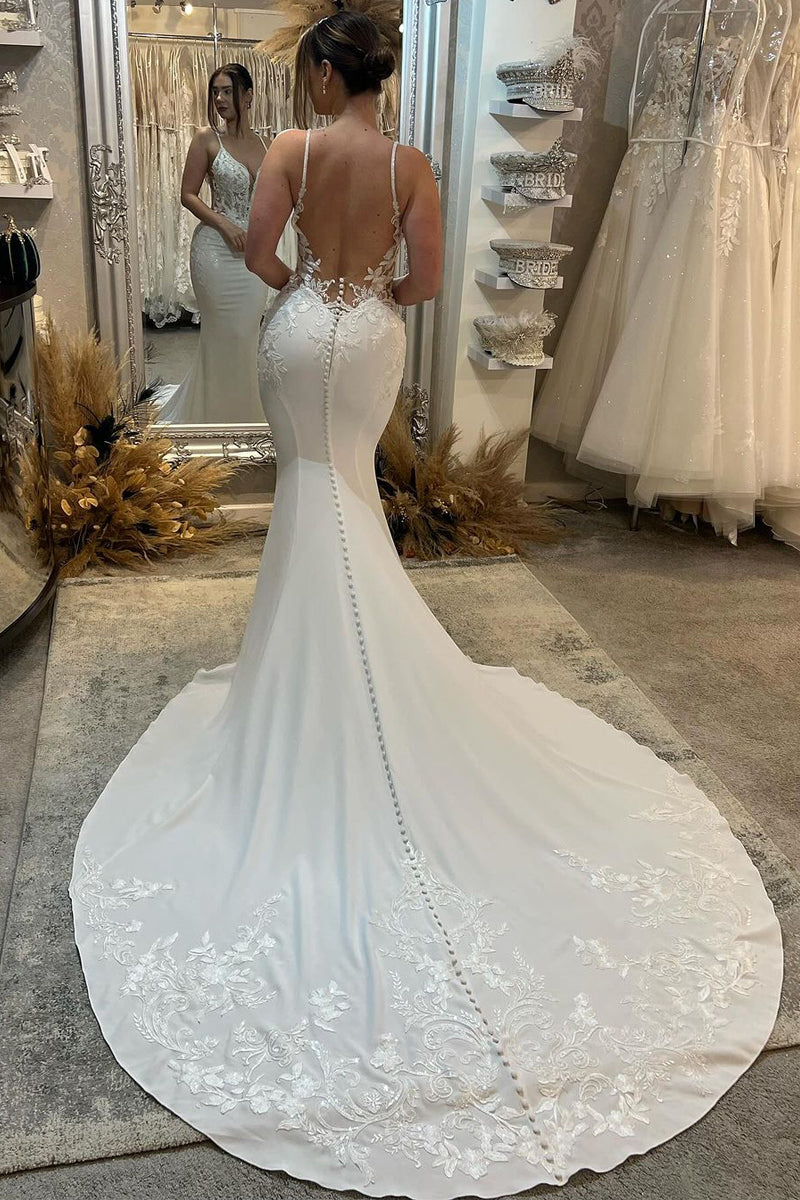 Mermaid V Neck Satin Wedding Dresses with Appliques