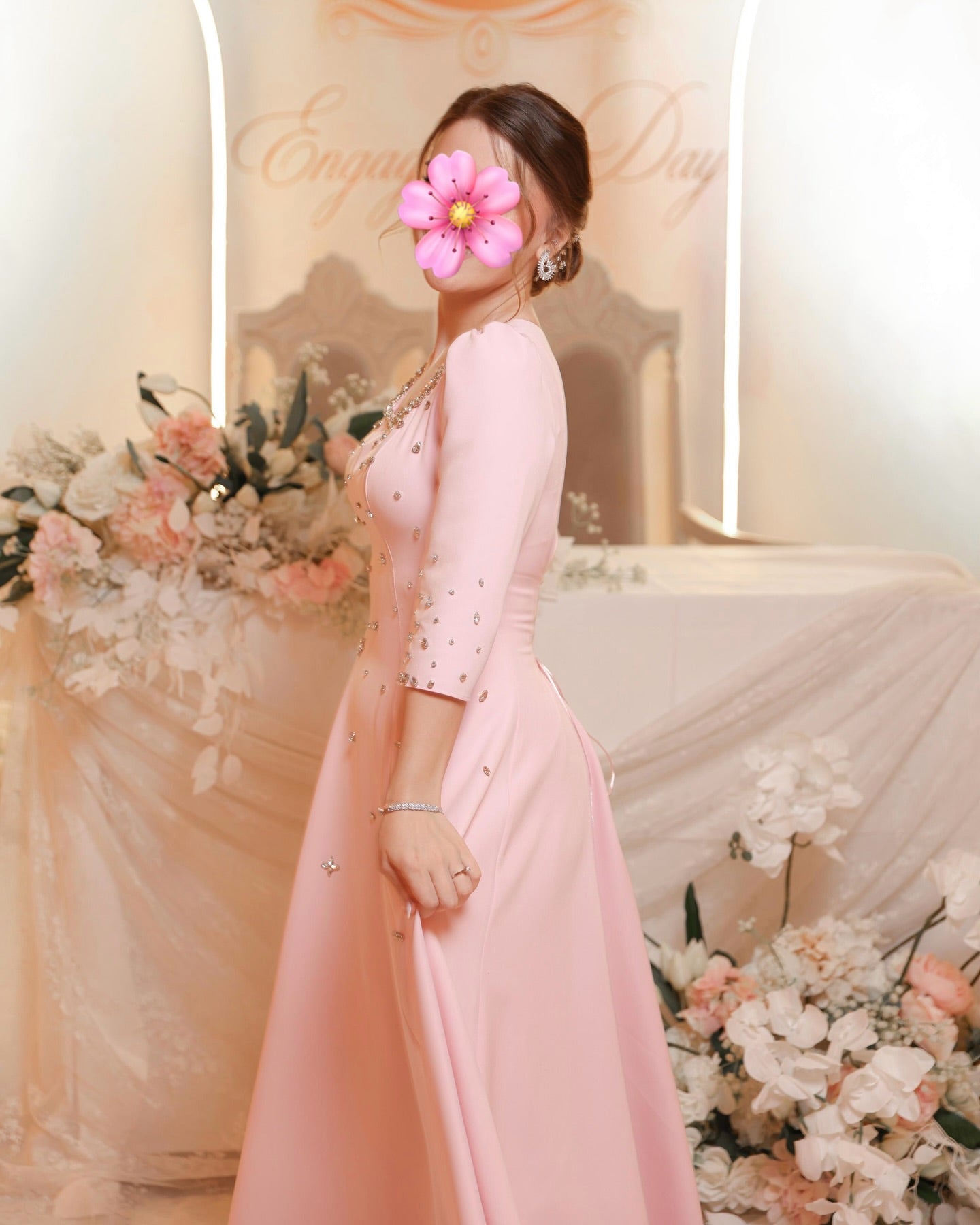 Pink Beaded Sparkle Square Neck 3/4 Sleeve A-Line Evening Dress Foraml Women