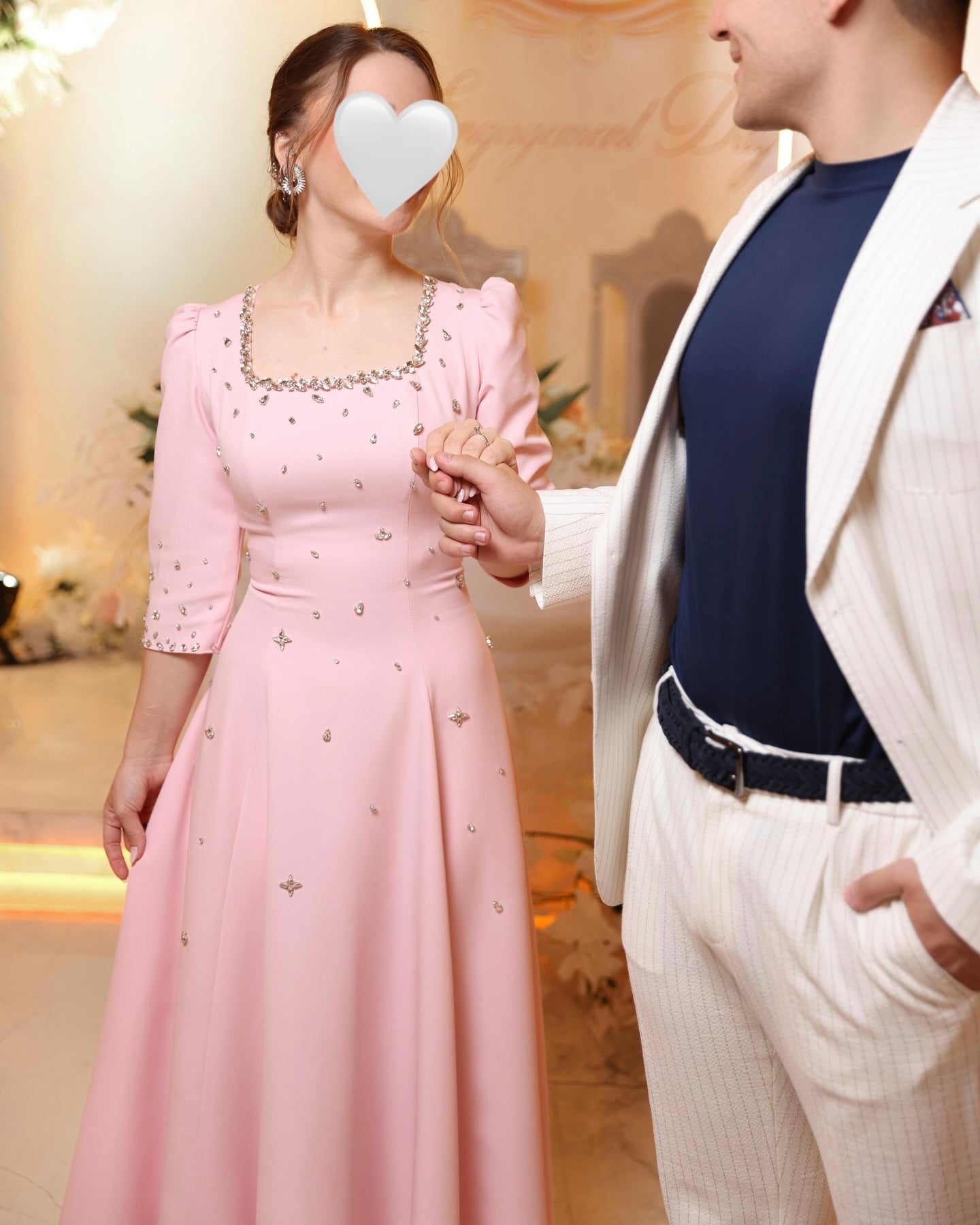 Pink Beaded Sparkle Square Neck 3/4 Sleeve A-Line Evening Dress Foraml Women