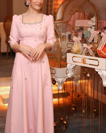 Pink Beaded Sparkle Square Neck 3/4 Sleeve A-Line Evening Dress Foraml Women