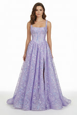 Lilac Square Neck A Line Sequined Long Formal Prom Dresses With Pearls