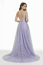 Lilac Square Neck A Line Sequined Long Formal Prom Dresses With Pearls