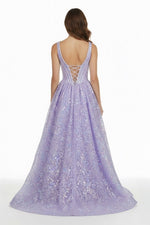 Lilac Square Neck A Line Sequined Long Formal Prom Dresses With Pearls