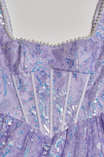 Lilac Square Neck A Line Sequined Long Formal Prom Dresses With Pearls