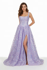 Lilac Square Neck A Line Sequined Long Formal Prom Dresses With Pearls