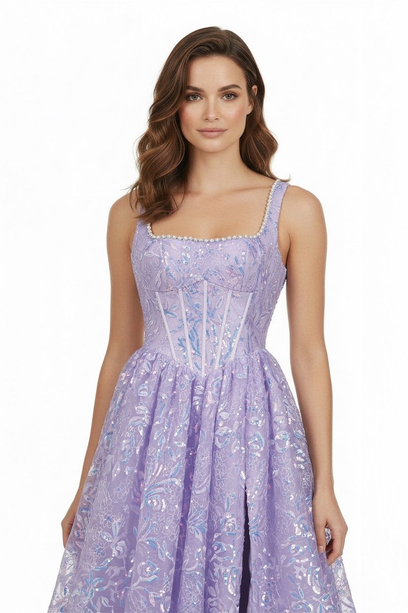 Lilac Square Neck A Line Sequined Long Formal Prom Dresses With Pearls