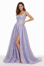 Lilac Square Neck A Line Sequined Long Formal Prom Dresses With Pearls