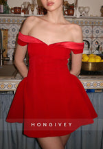 Simple Red Off the Shoulder A-Line Pleated Short Homecoming Dress