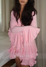 Pink Bell Sleeves V-Neck A-Line Short Homecoming Dress with Covered Button