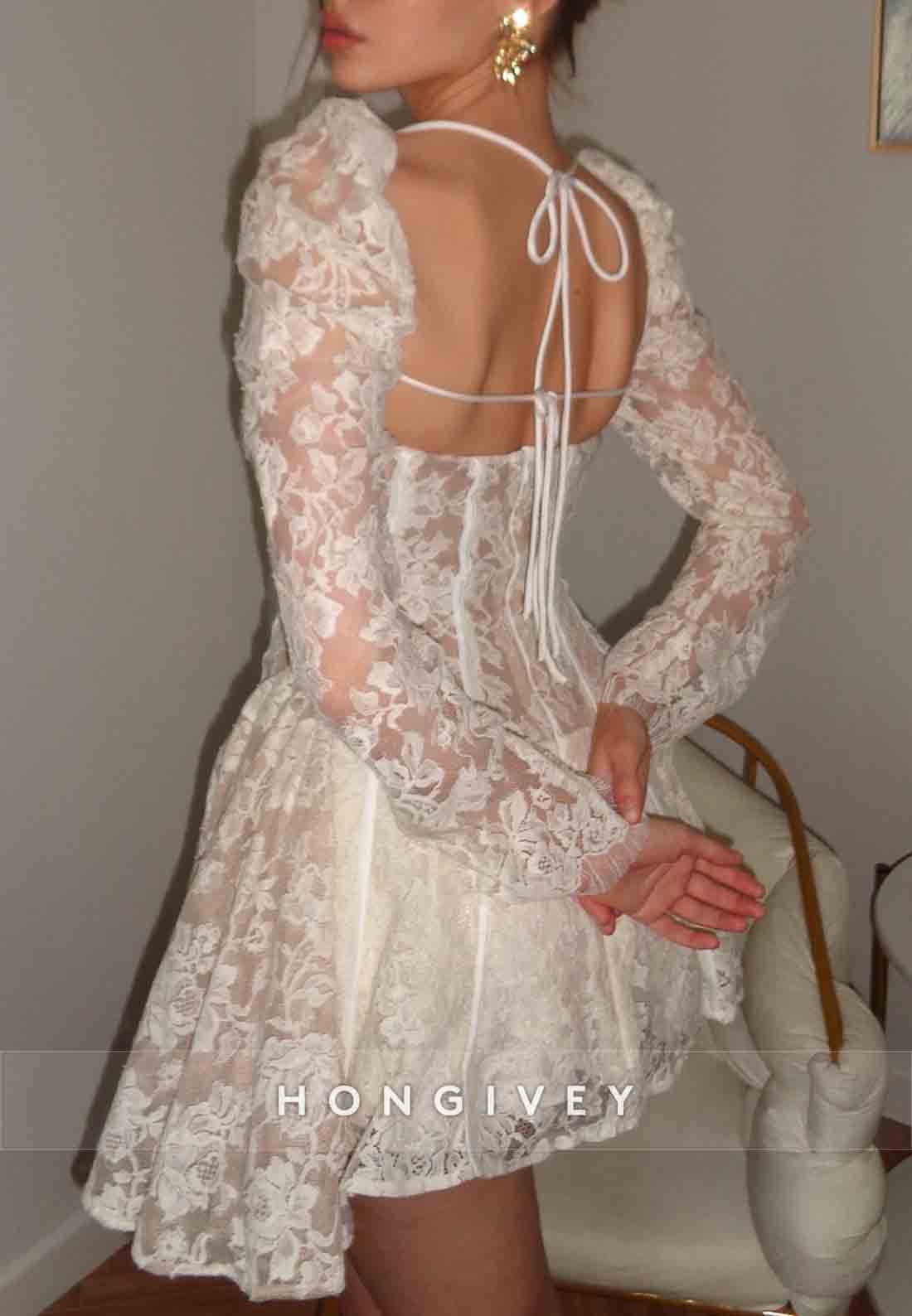 Lace A-Line Long Sleeves Tie Back Sweetheart Short Wedding Dresses