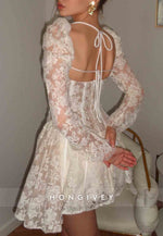 Lace A-Line Long Sleeves Tie Back Sweetheart Short Wedding Dresses