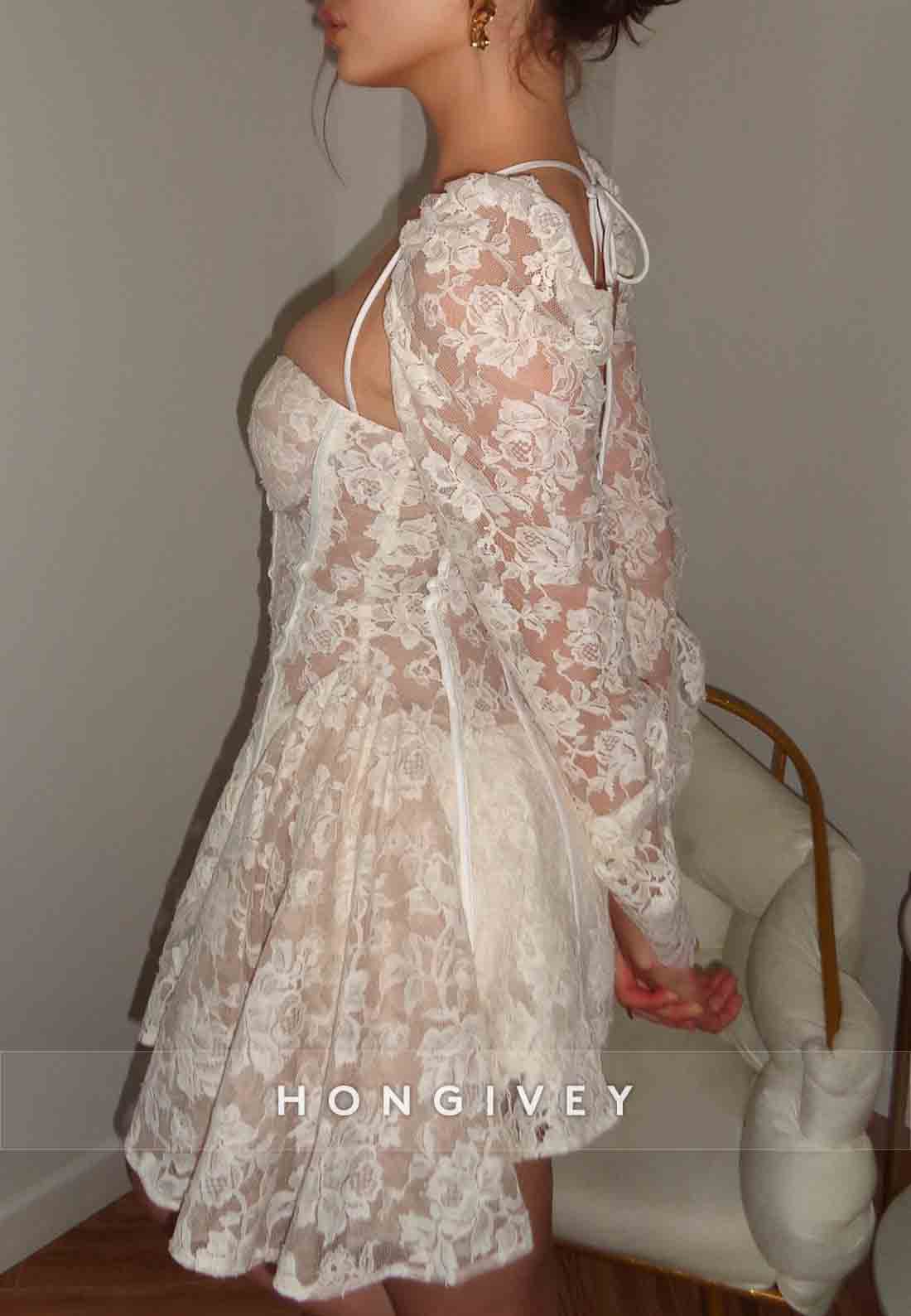 Lace A-Line Long Sleeves Tie Back Sweetheart Short Wedding Dresses