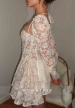 Lace A-Line Long Sleeves Tie Back Sweetheart Short Wedding Dresses