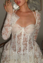 Lace A-Line Long Sleeves Tie Back Sweetheart Short Wedding Dresses
