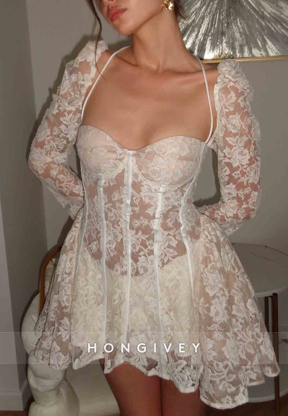 Lace A-Line Long Sleeves Tie Back Sweetheart Short Wedding Dresses