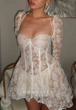 Lace A-Line Long Sleeves Tie Back Sweetheart Short Wedding Dresses