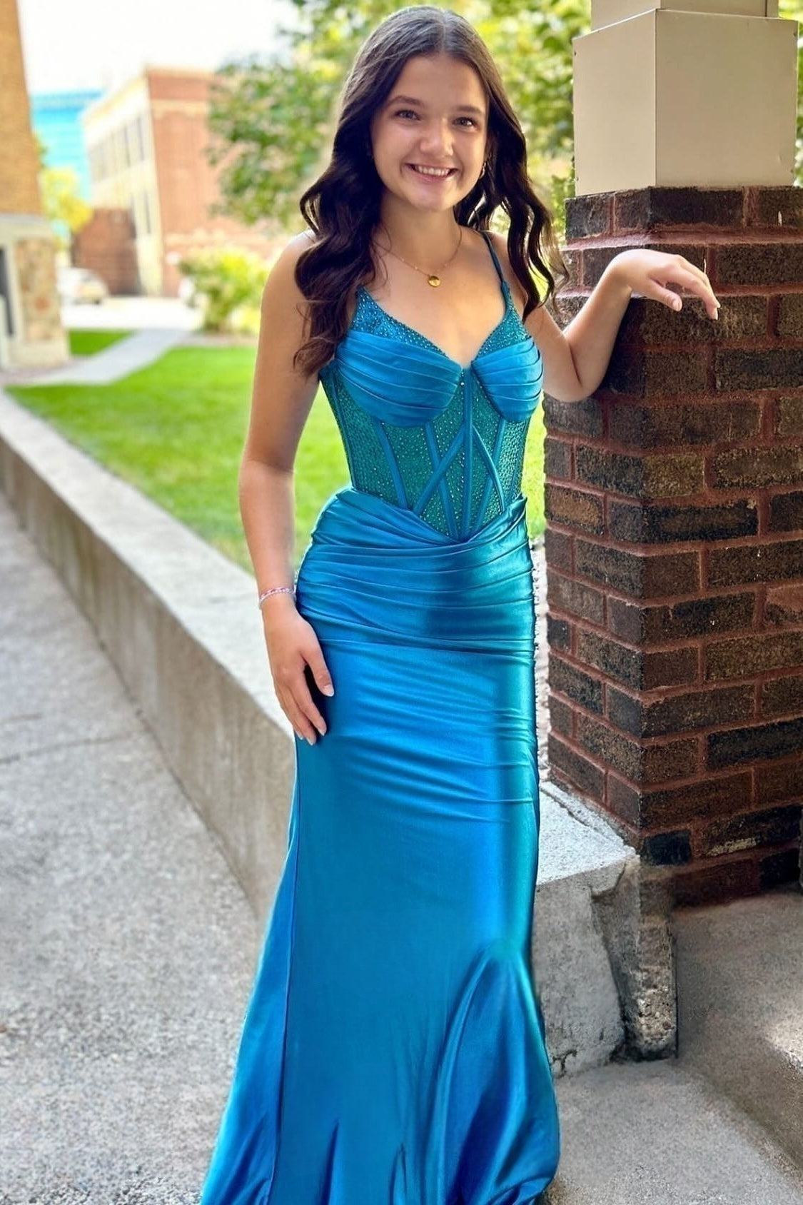 V-neck Red Beaded Mermaid Long Dress with Slit
