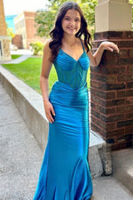 V-neck Red Beaded Mermaid Long Dress with Slit