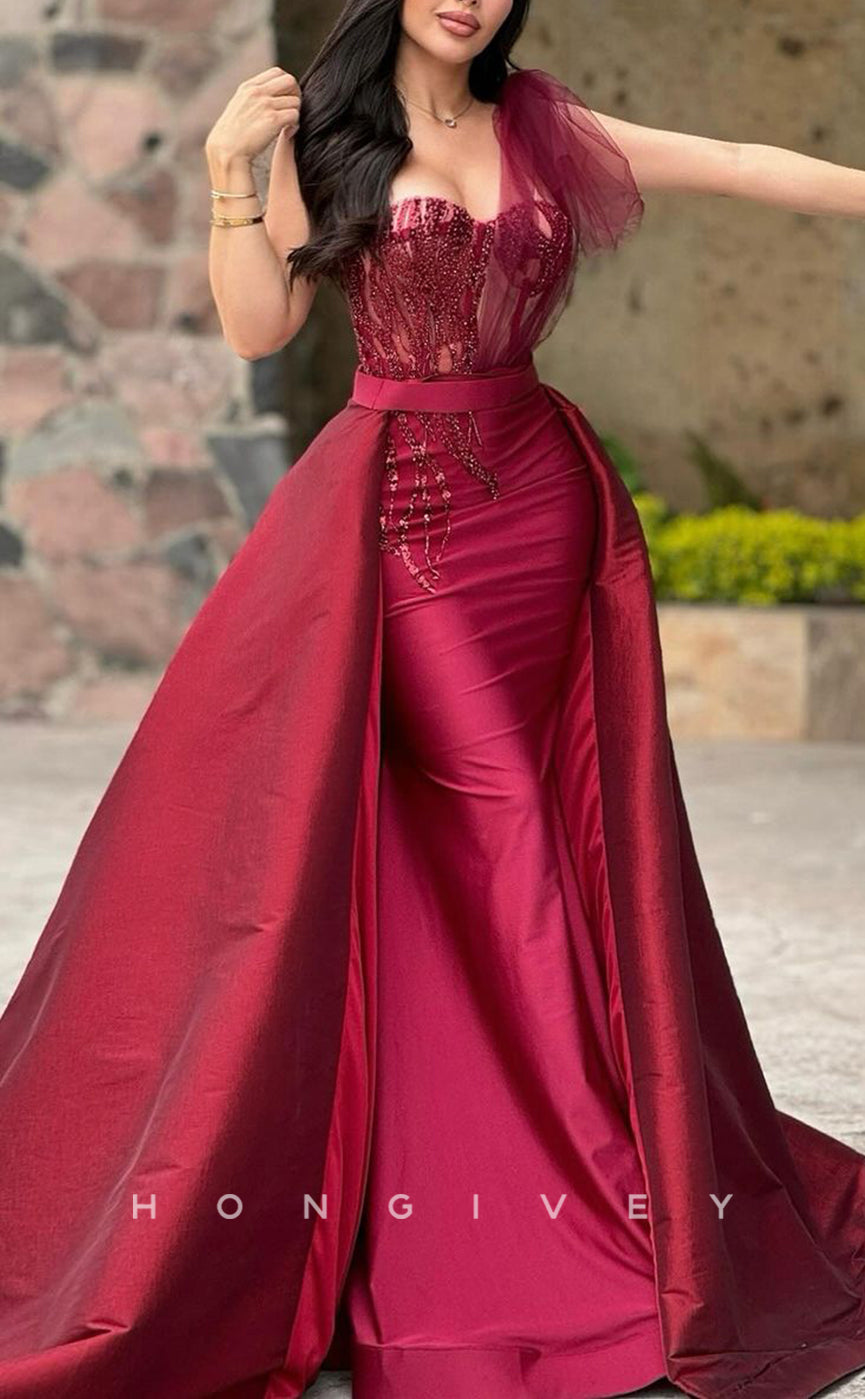 L2709 - Classic One Shoulder Beaded Appliques Detachable Train Party Prom Evening Dress