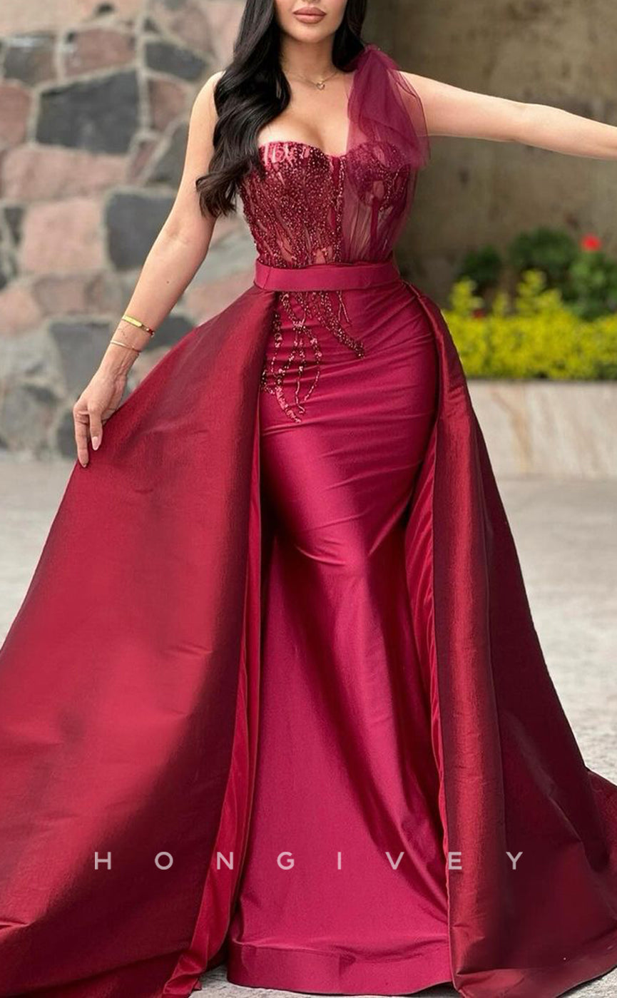 L2709 - Classic One Shoulder Beaded Appliques Detachable Train Party Prom Evening Dress