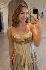 Strapless A Line Satin Ruffled Long Formal Prom Dresses Gold With Beading