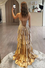 Strapless A Line Satin Ruffled Long Formal Prom Dresses Gold With Beading