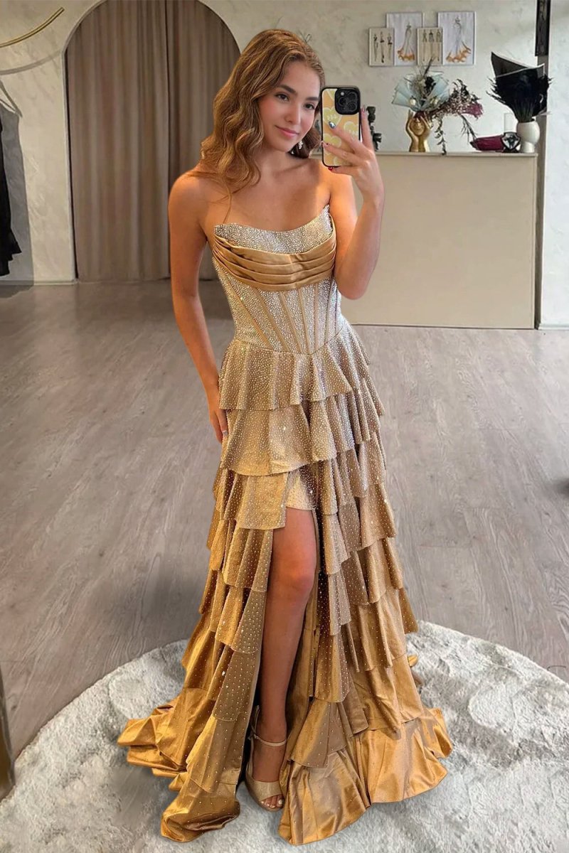 Strapless A Line Satin Ruffled Long Formal Prom Dresses Gold With Beading