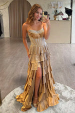 Strapless A Line Satin Ruffled Long Formal Prom Dresses Gold With Beading