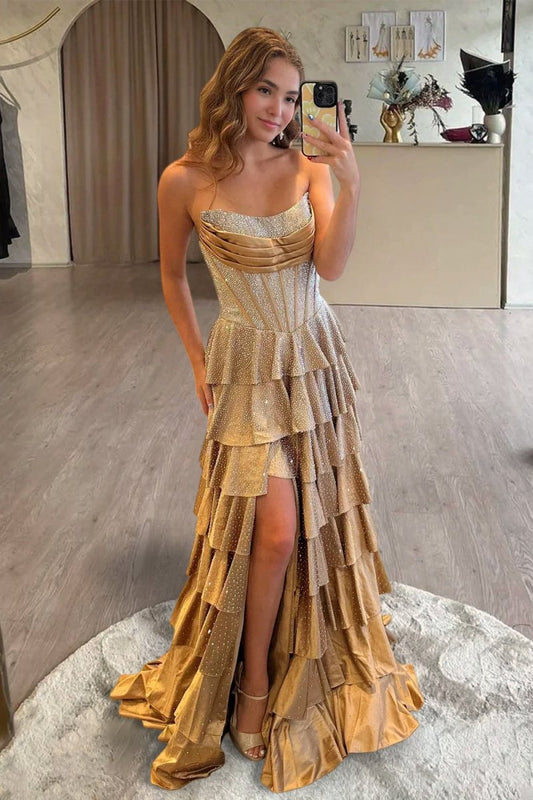 Strapless A Line Satin Ruffled Long Formal Prom Dresses Gold With Beading