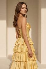 Strapless A Line Satin Ruffled Long Formal Prom Dresses Gold With Beading