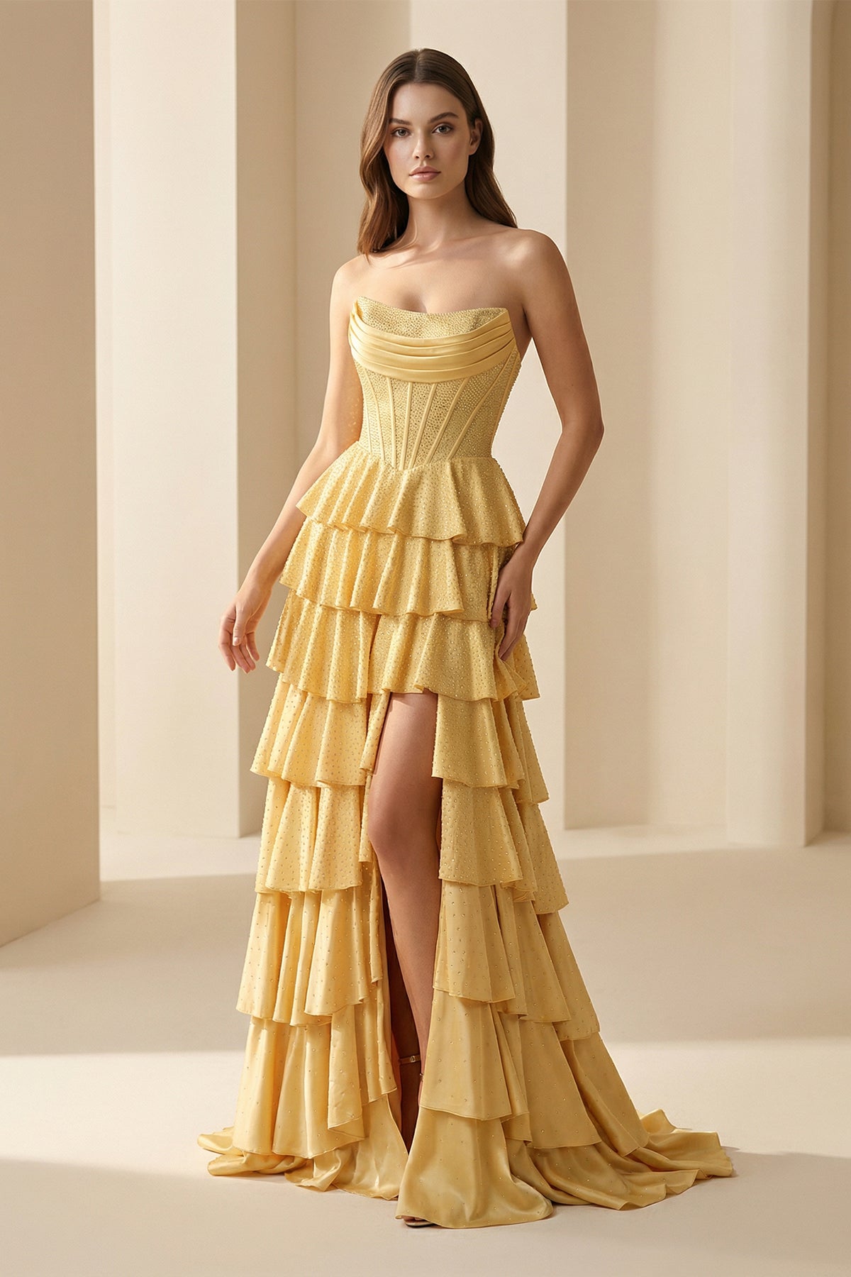 Strapless A Line Satin Ruffled Long Formal Prom Dresses Gold With Beading