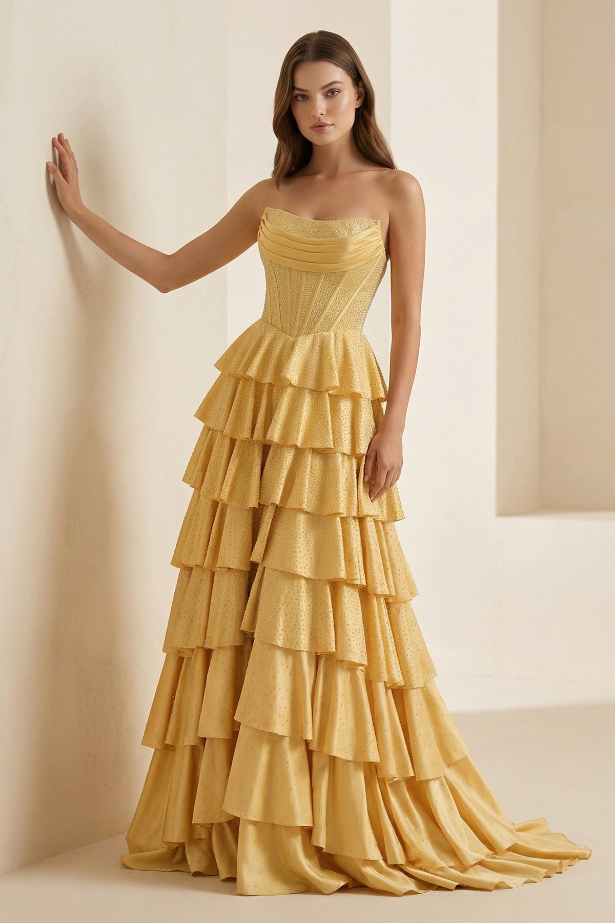 Strapless A Line Satin Ruffled Long Formal Prom Dresses Gold With Beading