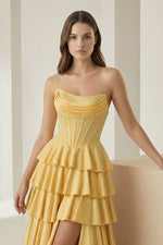 Strapless A Line Satin Ruffled Long Formal Prom Dresses Gold With Beading