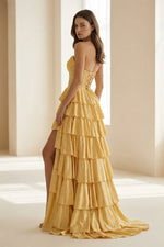 Strapless A Line Satin Ruffled Long Formal Prom Dresses Gold With Beading